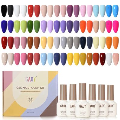GAOY 42 Pcs Gel Nail Polish Kit, Pink White Red Jelly Nude Colors All Seasons Gel Nail Polish Set with Glossy &amp; Matte Top Coat and Base Coat for Nail Art DIY at Home