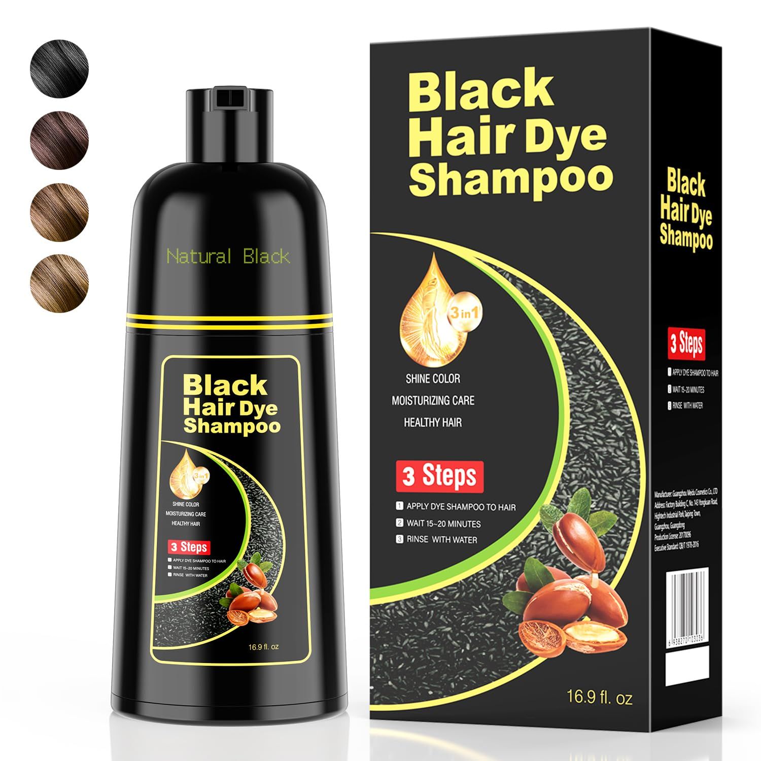 KAISASA Black Hair Dye Shampoo 3 in 1Argan Natural Herbal Hair Color Shampoo Covers Gray Hair for Women and Men (16.9 fl.oz Black)