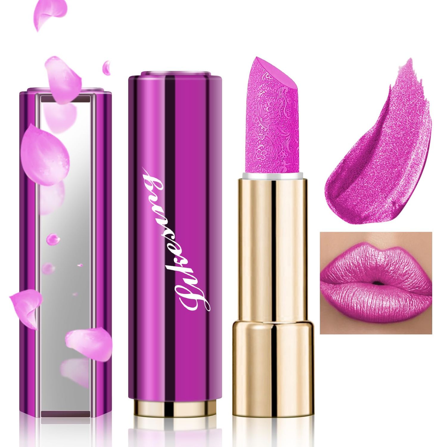 Likesing Glitter Lipstick With Mirror, Rose Red Tinted Lip Balm Hydrating Lip Moisturizing Chapstick with Vitamin E Nourishing For Cracked &amp; Dry, Bold Glimmer Glow Lip Stick Gifts for Women Girls