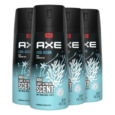 AXE Dual Action Body Spray Deodorant for Long Lasting Odor Protection Cool Ocean All Day Fresh Scent Mens Deodorant Formulated Without Aluminum, 4 Oz (Pack of 4)