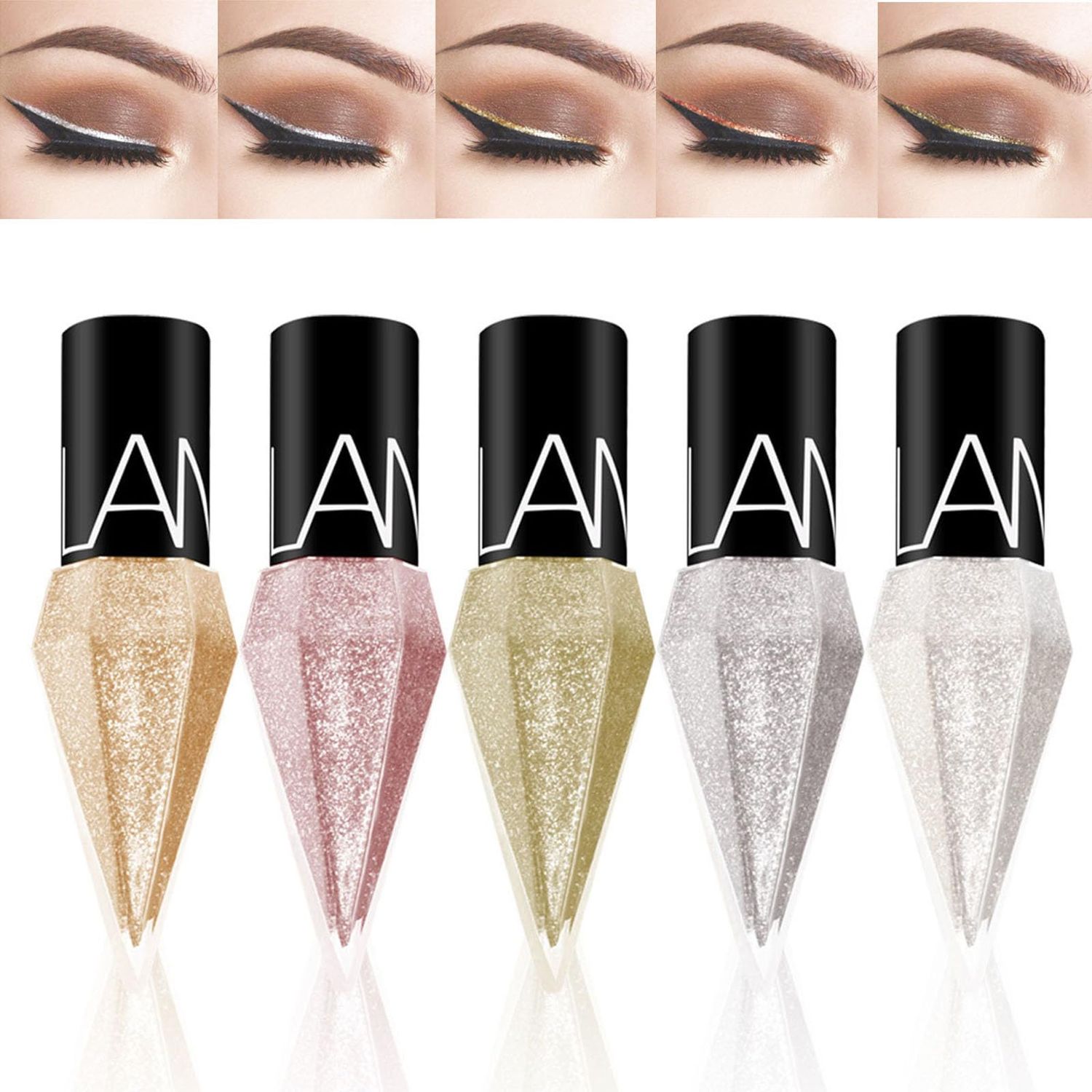 ARCHIDATE Glitter Diamond Eyeliner Set, 5 Colors Shimmer Eyeliner Waterproof Smudge Proof Long Lasting, Ultra Fine Tip Shiny Eyeliner, Quick Drying, High Pigment Sparkle Eyeliner for Women Girl