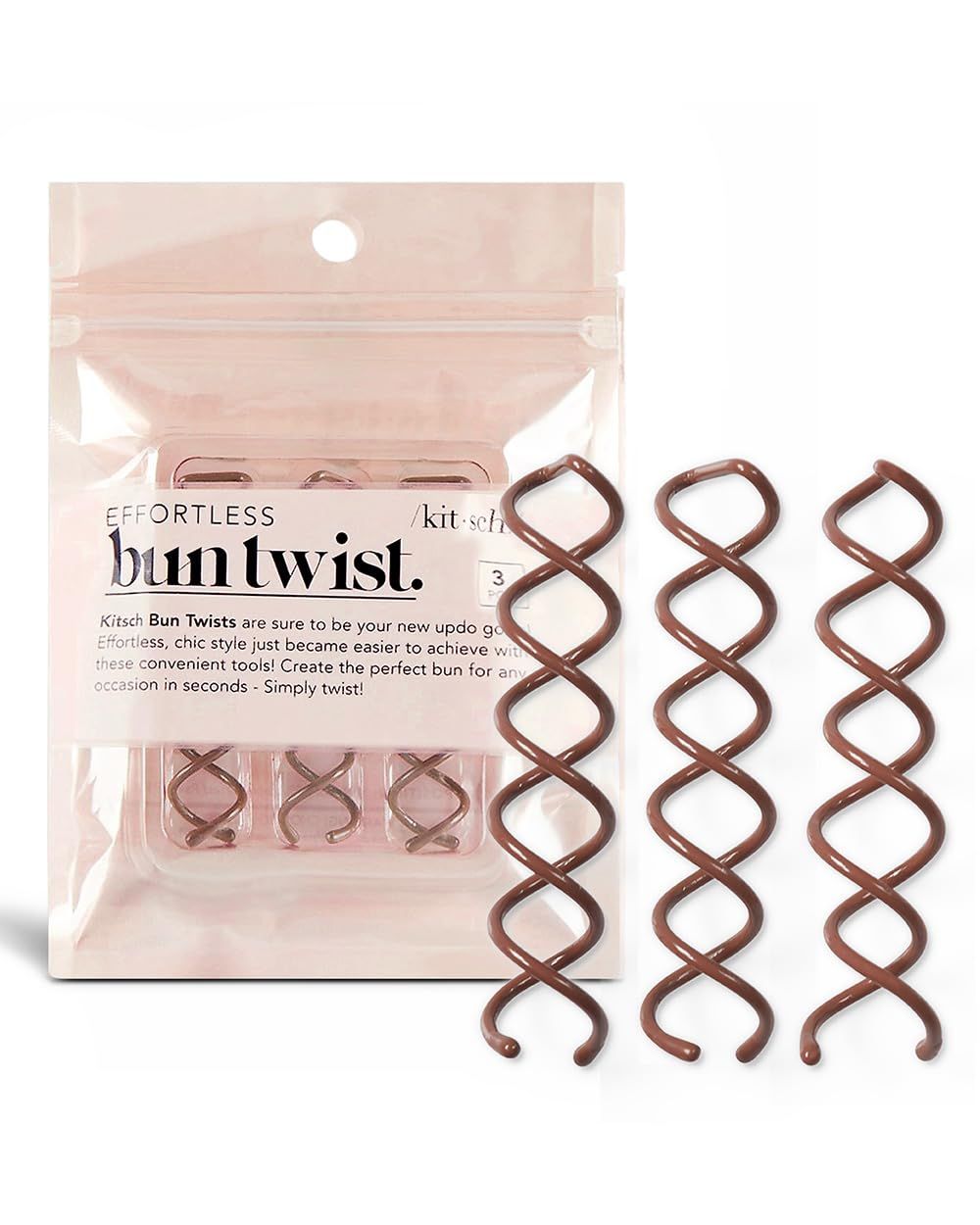 Kitsch 3 PCS Spiral Bobby Pins for Girls and Women - Rounded Tips, Chip-Resistant Bun Twist Spiral Hair Pins | Hair Bun Maker Ideal for Thin &amp; Thick Hair, Secure Hold All-Day - Brown
