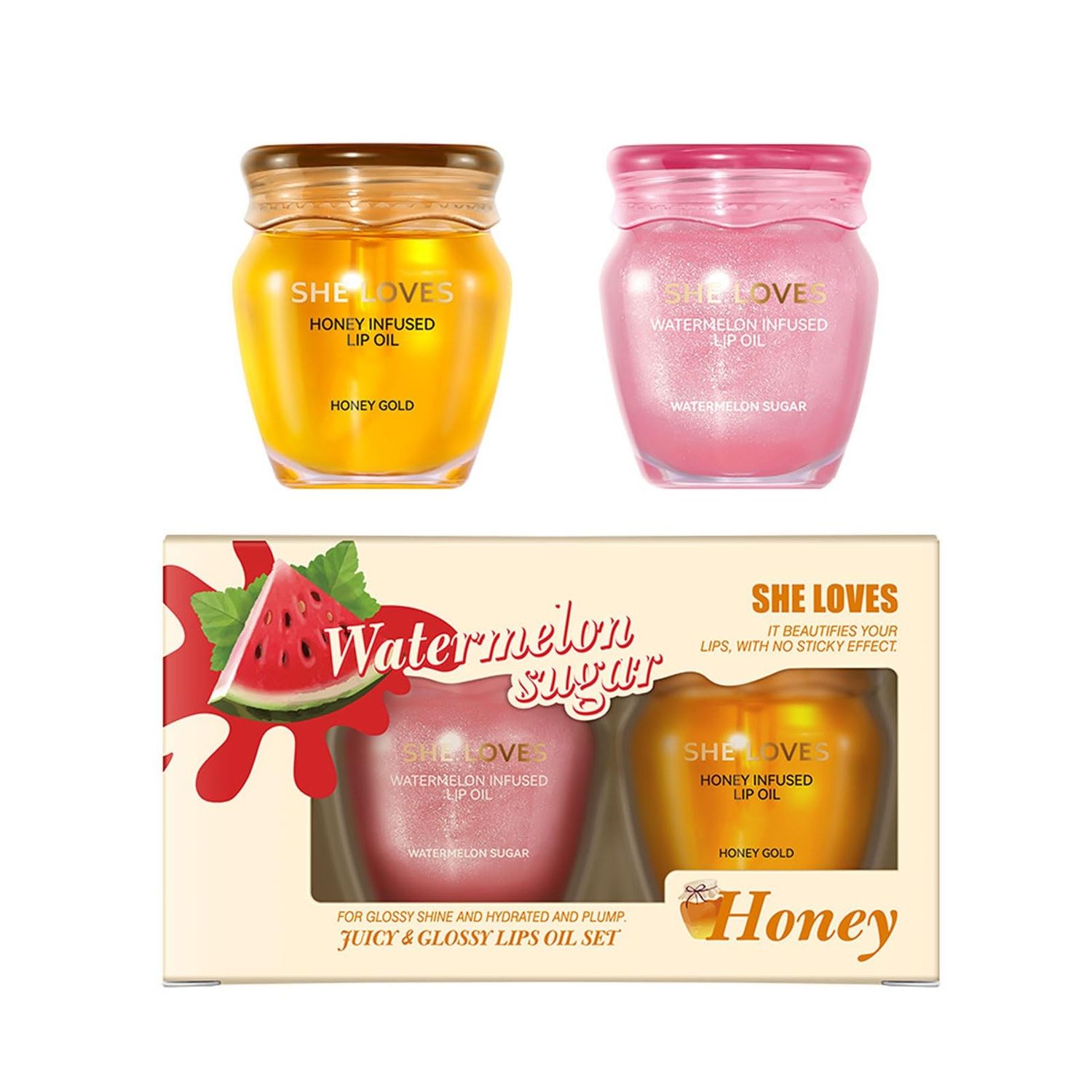 SWETIYOU Moisturizing Lip Oil Set, Honey Watermelon Scent Hydrating Lip Oil, Ultra-Hydrating &amp; No-Sticky Lip Gloss Lip Balm Lip Care, Smooth Glossy Finish Clear Lip Oil for Dry Lips