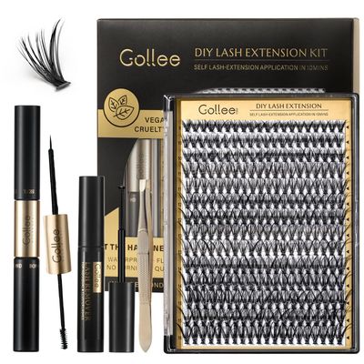 Gollee Lash Extensions Kit 280pcs Lash Clusters 9-16mm Mix 30D Eyelash Extension Kit with Waterproof Bond and Seal and Lash Glue Remover Lash Tweezers for DIY Lash Extension Beginners