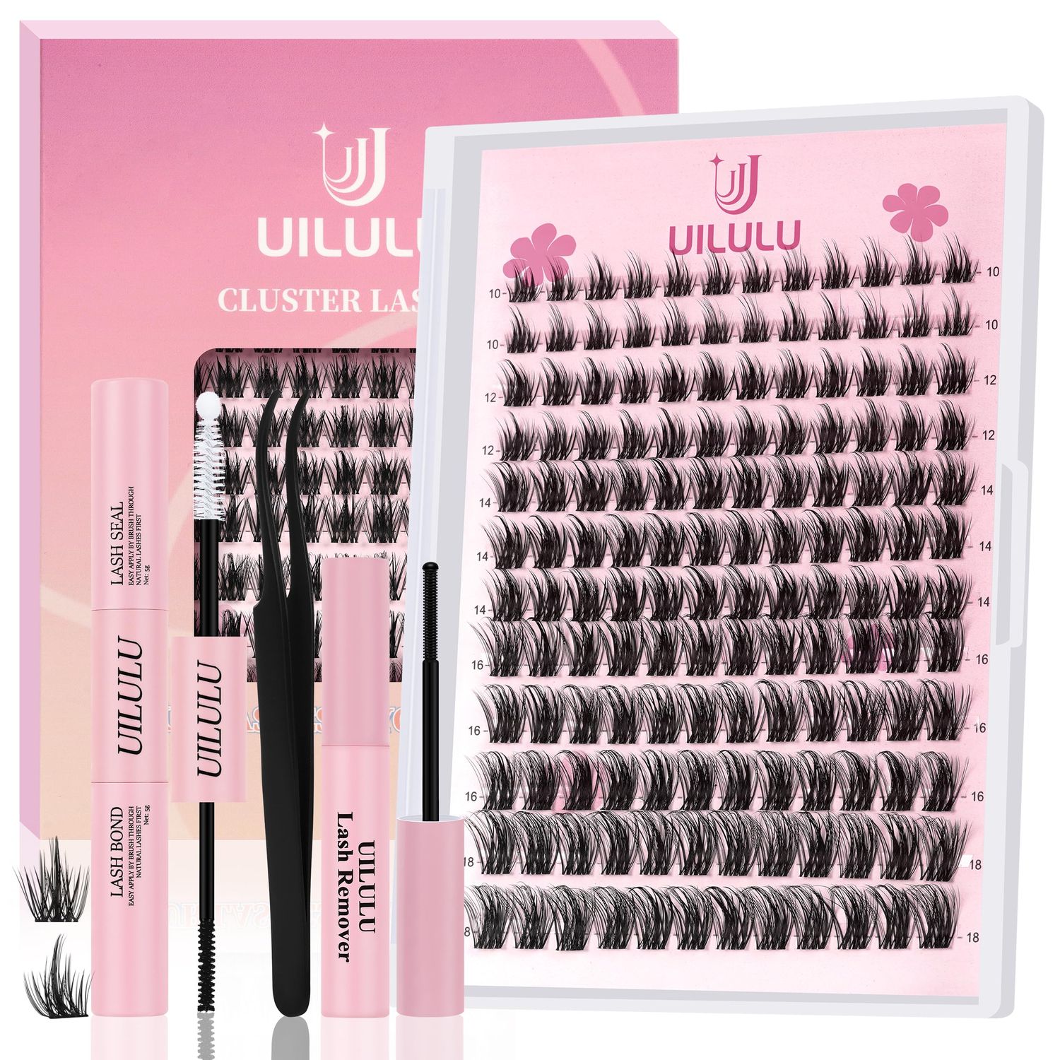 Uilulu Lash Clusters Kit 10-18mm Natural Lashes Clusters D Curl False Eyelash Clusters, DIY Lash Extension Kit with Lash Bond &amp; Seal, Lash Glue Remover, Lash Tweezers(U06 Lash Kit)