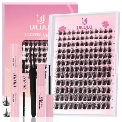 Uilulu Lash Clusters Kit 10-18mm Natural Lashes Clusters D Curl False Eyelash Clusters, DIY Lash Extension Kit with Lash Bond &amp; Seal, Lash Glue Remover, Lash Tweezers(U06 Lash Kit)