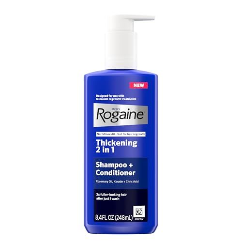 Rogaine Men's Thickening 2 in 1 Shampoo  Conditioner, Hair Thickening Shampoo &amp; Conditioner with Rosemary Oil, Keratin &amp; Citric Acid Leaves Hair Visibly Thicker, Not Minoxidil, 8.4 fl. oz