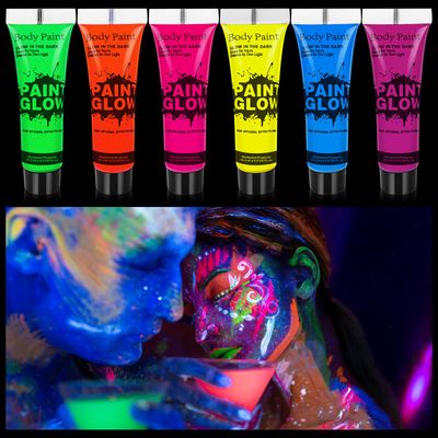 6 Color Glow in The Dark Face Paint, UV Blacklight Neon Hot Pink Face Body Paint, Glow In The Dark Under UV Lighting Party Makeup Washable, for Festivals Party Halloween Christmas(12FL.OZ)