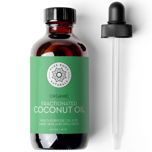 Pure Body Naturals Organic Fractionated Coconut Oil for Skin and Hair, 4 fl oz - Liquid Carrier Oil for Diluting Essential Oils, Hair Growth &amp; Skin Moisturizer