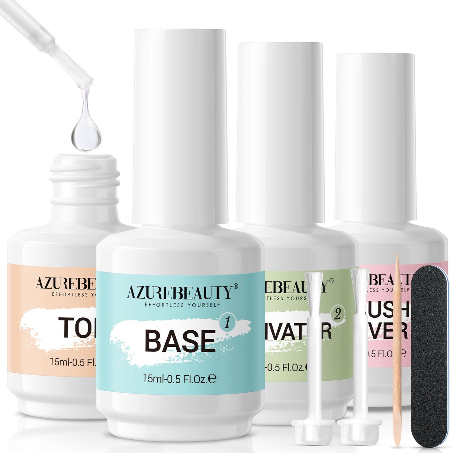AZUREBEAUTY Dip Powder Liquid Set 15ml0.5oz, 8 Pcs Dipping Powder Base Activator and Top Coat Brush Saver Nail File Necessary Tools for Dip Powder Nail Kit No Nail Lamp Needed