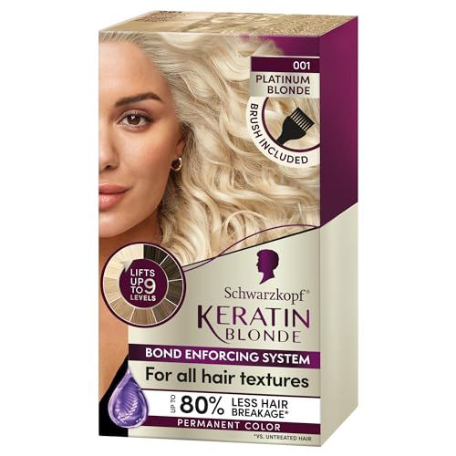 Schwarzkopf Keratin Blonde Hair Dye Platinum Blonde 001, Ultra Lightening Kit, 1 Application - Hair Bleach Enriched with Keratin, Lightens up to 9 Levels and Protects Hair from Breakage