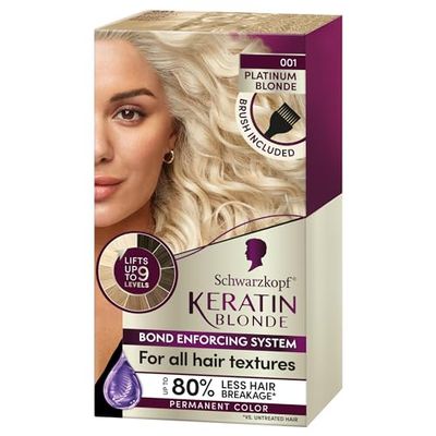 Schwarzkopf Keratin Blonde Hair Dye Platinum Blonde 001, Ultra Lightening Kit, 1 Application - Hair Bleach Enriched with Keratin, Lightens up to 9 Levels and Protects Hair from Breakage