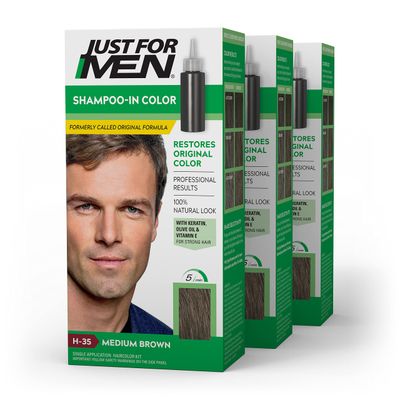 Just For Men Shampoo-In Color (Formerly Original Formula), Mens Hair Color with Keratin and Vitamin E for Stronger Hair - Medium Brown, H-35, Pack of 3