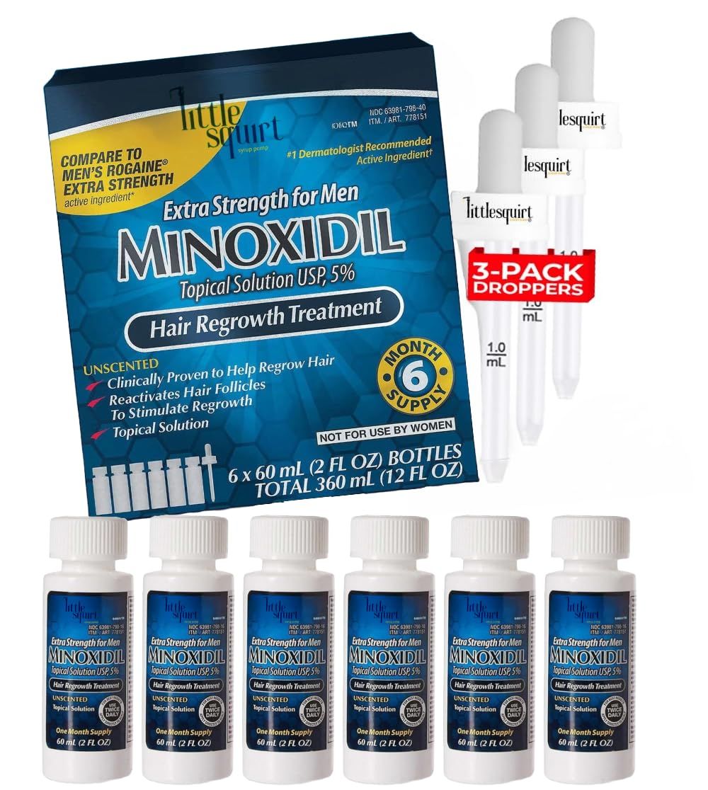 Minoxidil for Men Hair Regrowth Treatment 5% Extra Strength, 2 fl oz (6-Month Supply with 3 Droppers)