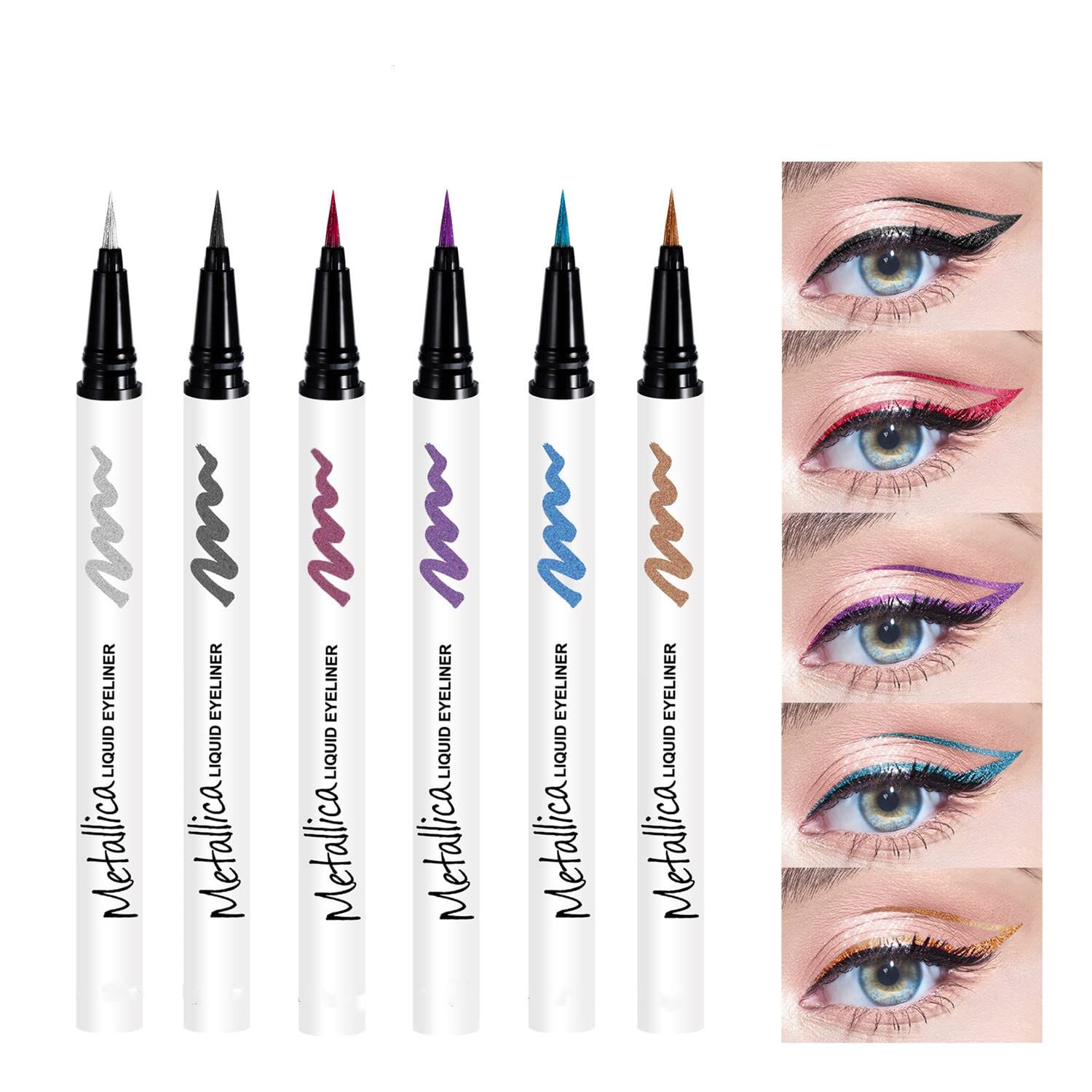 Melemando 6 Color Eyeliner Set High Pigmented Metallic Liquid Eyeliner Long Lasting Waterproof Pearl Eyeliner Pen Makeup for Girls and Women