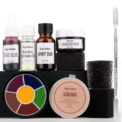 Depvision SFX Makeup Kit - Scar Wax with Spatula, Extension Oil,Scab Blood, SFX Sponges,Fake Blood, 6 Color Oil Based Face Paint Bruise Wheel for Special Effects,Halloween and Theatrical Makeup