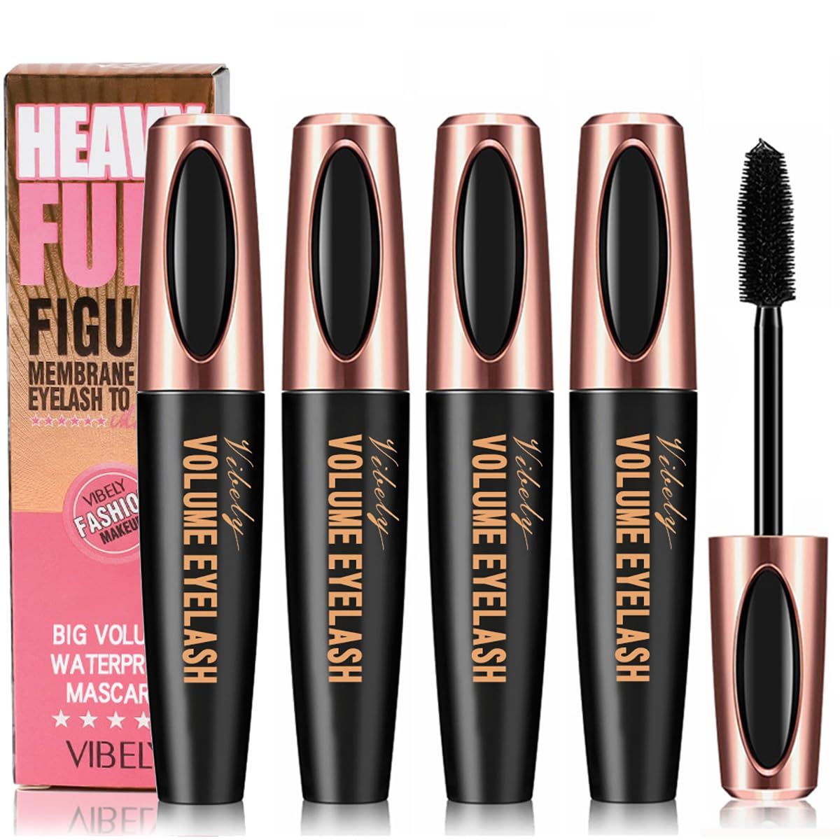 4D Silk Fiber Lash Mascara Smudge-Proof Extension Voluminous Fiber Mascara Natural &amp; Waterproof Mascara Long-Lasting No FlakingNo Clumping, All Day Exquisitely Full (4 Packs)