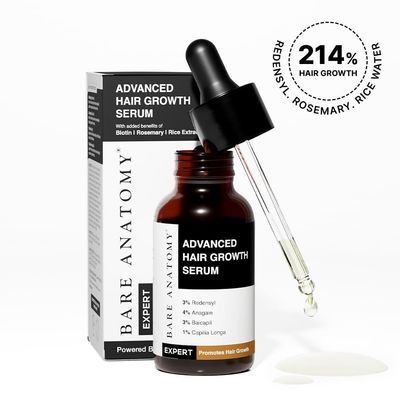 Bare Anatomy Advanced Hair Growth Serum | 3% Redensyl 4% Anagain 3% Baicapil 1% Capilia Longa, Rosemary, Biotin & Rice Extract | Hair growth & Hair fall control serum for Women & Men | 30mL