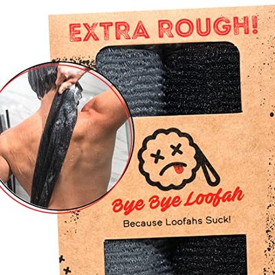 Extra Rough Exfoliating Washcloth - Extreme Body &amp; Back Scrubber for Shower, Extra Long, Hygienic Exfoliator Wash Cloth, Men Or Women, 2 Count Pack, 1 Black &amp; 1 Grey Color, Bye Bye Loofah
