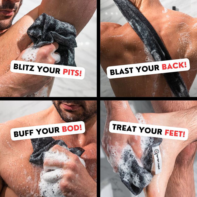 Extra Rough Exfoliating Washcloth - Extreme Body &amp; Back Scrubber for Shower, Extra Long, Hygienic Exfoliator Wash Cloth, Men Or Women, 2 Count Pack, 1 Black &amp; 1 Grey Color, Bye Bye Loofah