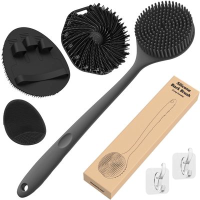 Manmihealth Silicone Back Scrubber &amp; Soft Bath Glove Set 4 PCS(Thick Bristles), Super-Exfoliating Body Scrubber &amp; Super-Lathering Shower Brush Combination, with 2 Free Hooks (Black)
