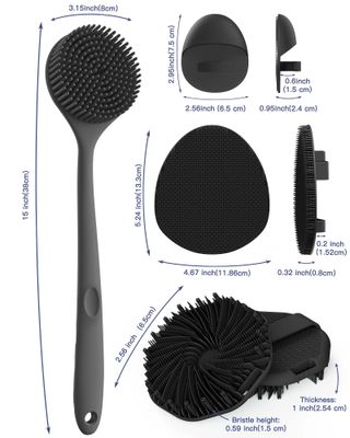 Manmihealth Silicone Back Scrubber &amp; Soft Bath Glove Set 4 PCS(Thick Bristles), Super-Exfoliating Body Scrubber &amp; Super-Lathering Shower Brush Combination, with 2 Free Hooks (Black)