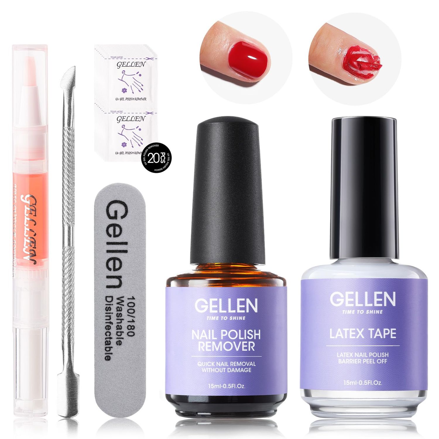 Gellen Gel Polish Remover Kit - Gel Nail Polish Remover with Latex Tape Peel Off Liquid and Manicure Tools, Quick &amp; Easy Gel Polish Remover in 2-5 minutes, No Damage to Nails