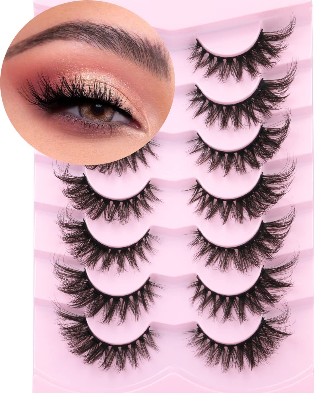 Fox Eye Lashes Fluffy Faux mink Eyelashes Wispy Cat Eye Long False Eyelahses Dramatic Cross Full Volume Strip Lashes Pack 7 Pairs