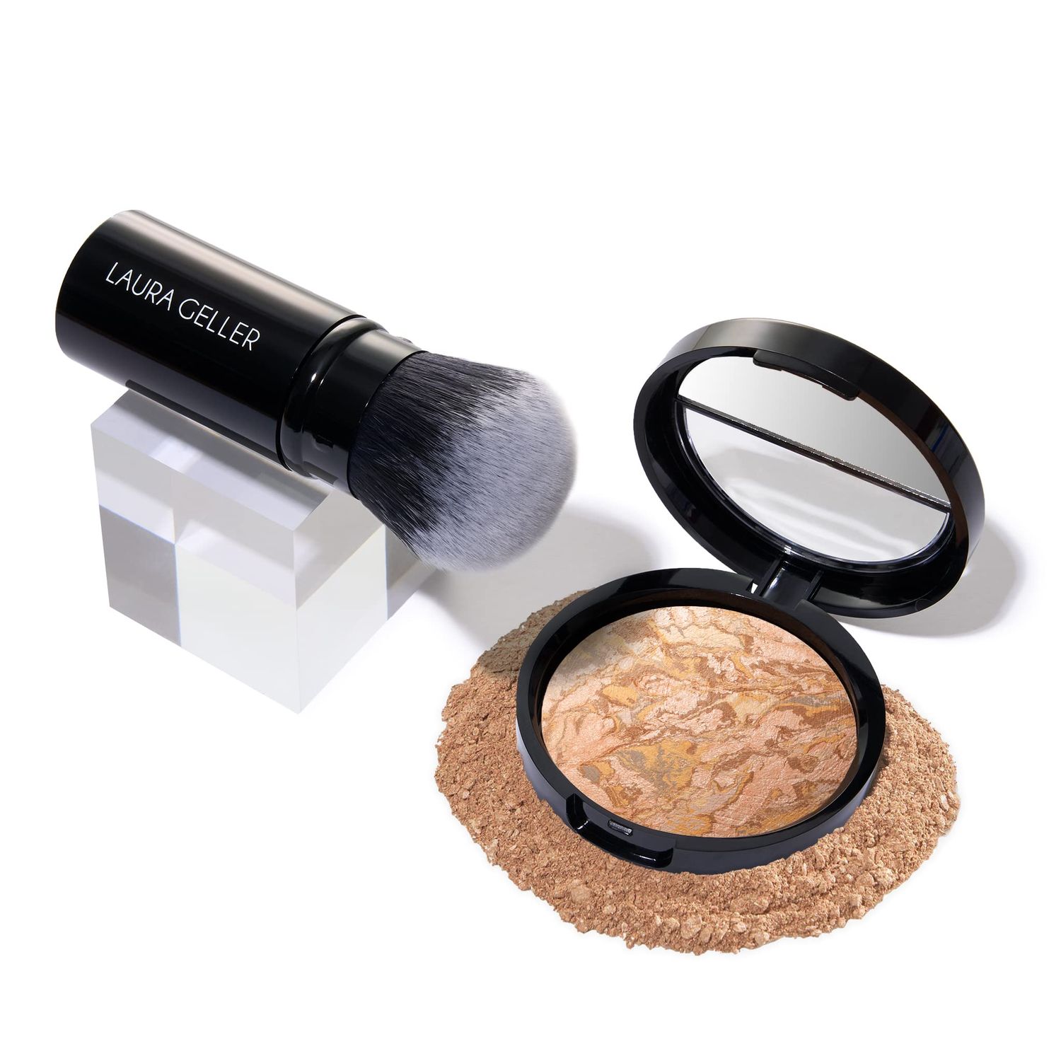 LAURA GELLER NEW YORK Get Glowing Kit (2pc) Baked Balance-n-Glow Illuminating Powder Foundation, Medium  Airbrush Kabuki Makeup Brush