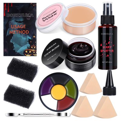 BOBISUKA Demonic Special Effects SFX Halloween Makeup Kit - 5 Colors Bruise Makeup Face Body Painting Palette  Scar Wax with Spatula Tool  Fake Blood Splatter Spray  Fake Blood Cream Stipple Spong