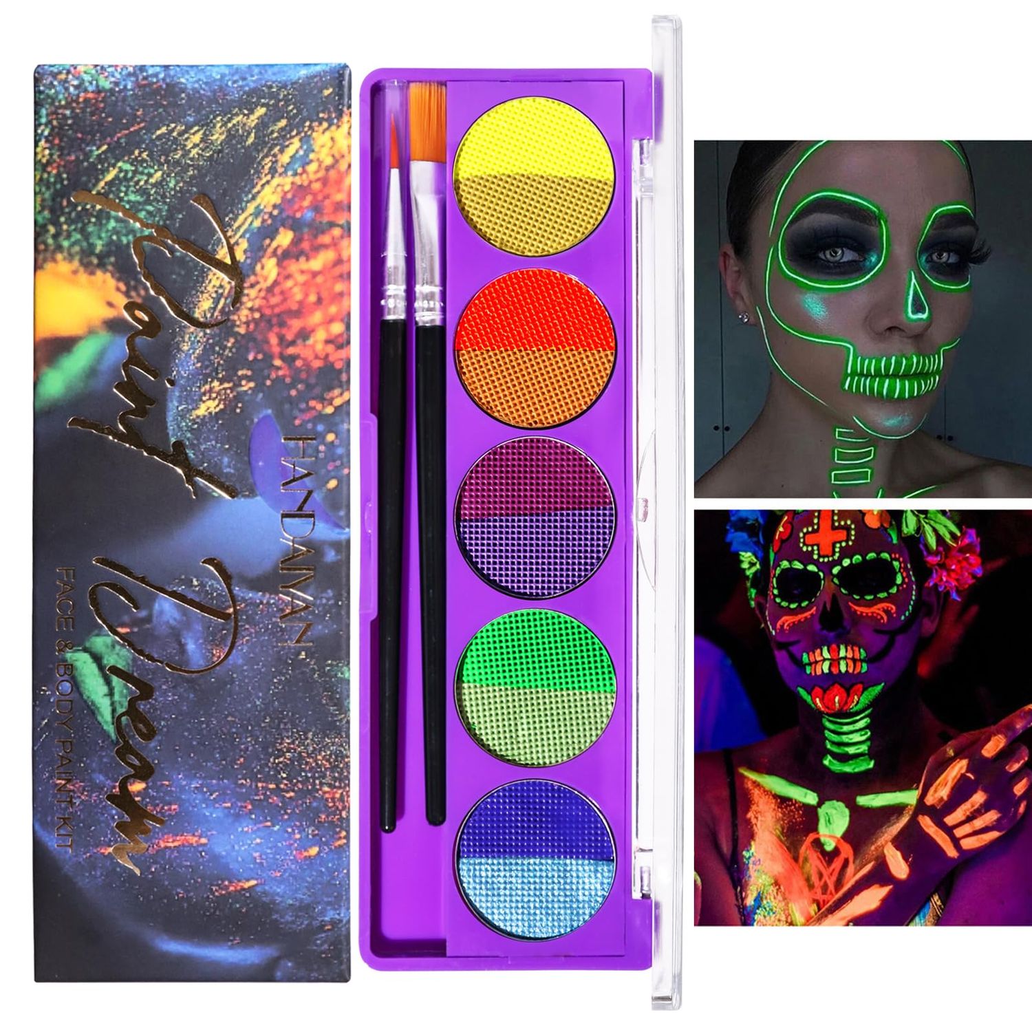 Yeweian 10 Colors Glow UV Blacklight Face Paint, Water Activated Neon Eyeliner Palette, Halloween Water Based Glow In The Dark Neon Fluorescent Body Paint with Brush for Kids Adult (01)