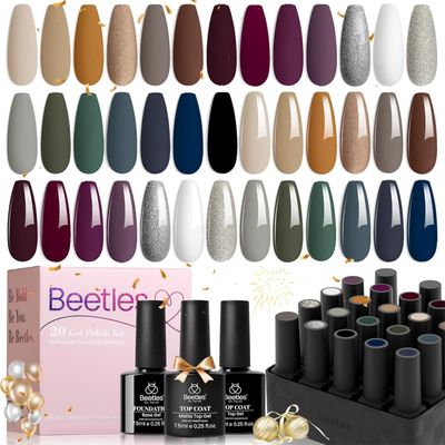 Beetles 23Pcs New Year Gel Nail Polish Set with Base Gel Glossy Matte Top Coat, Gray Brown Burgundy Red Purple Glitter Gel Polish Set Soak Off Uv Gel Nail Kit for Women Industrial Wave Collection