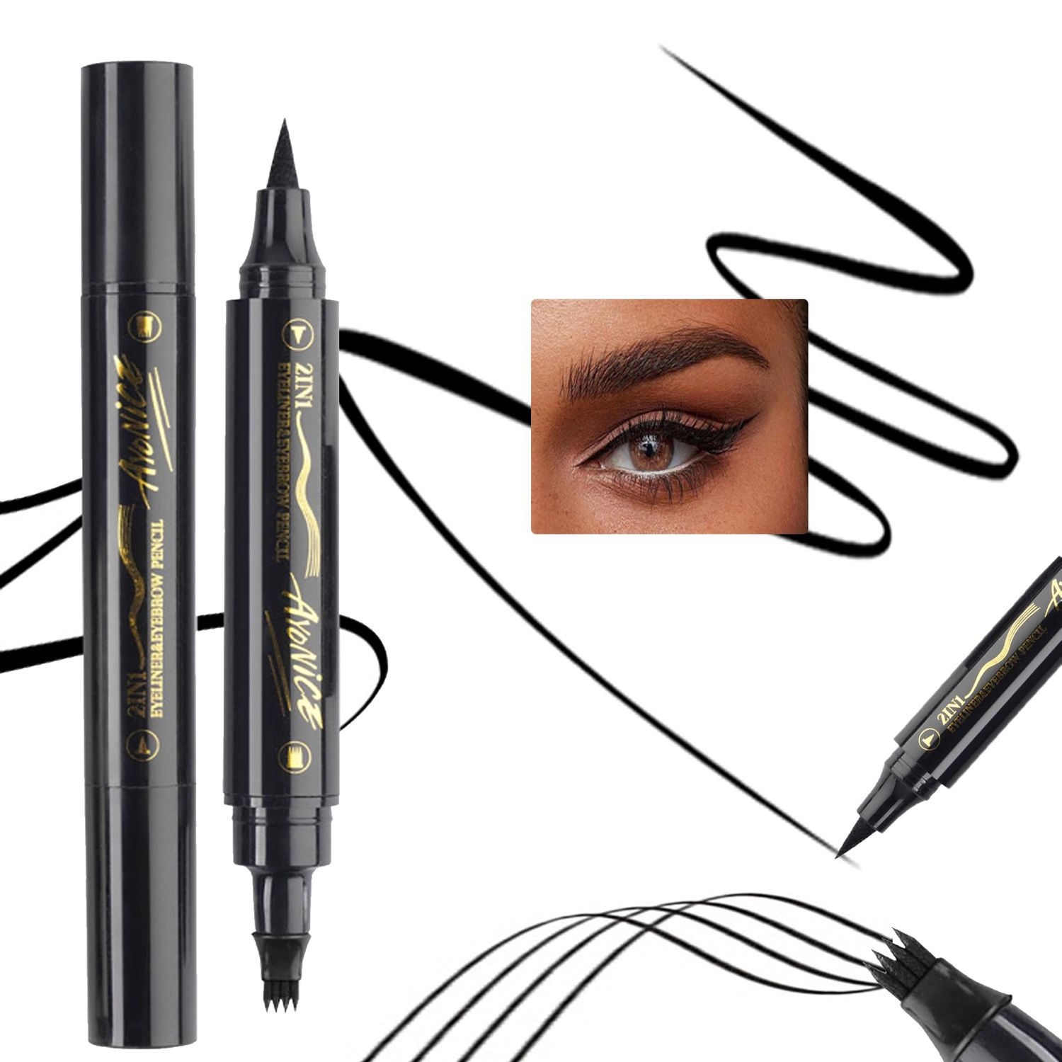 Easilydays Black Microblading Eyebrow Pen, 2-in-1 Waterproof Dual-Ended Eyebrow Pen for Women with 4 Fork Tip Applicator &amp; Precise Brush-Tip, for Natural-Looking Hair-Like Defined Brows, Last All-Day