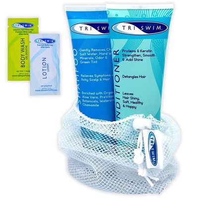 TRISWIM Hair Care Gift Set | Chlorine Shampoo and Conditioner for Swimmers, 8.5 fl oz | Paraben-Free with Aloe Vera and Chamomile | Restores Chlorine-Damaged Hair | Includes Body wash &amp; Lotion Samples