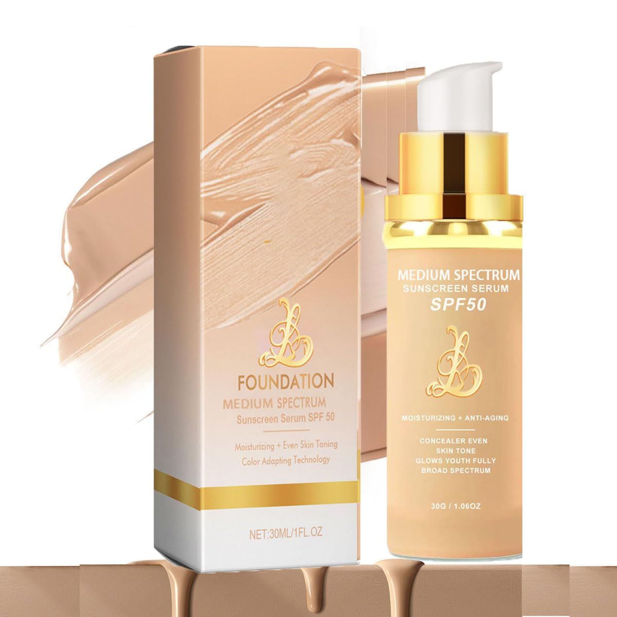 4-in-1 Foundation - LightMedium Spectrum, Match Skin Color Changed, Waterproof, SPF 50 Concealers (Medium, Spectrum)