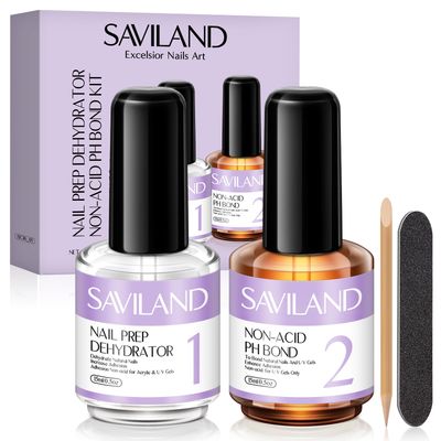 SAVILAND Nail Dehydrator and Primer Acid-Free Natural Nail Dehydrator and Nail Primer &amp; Protein Bonding Acrylic Nail Kit Gel Nail Polish Superior Bonding Acrylic Nail Supplies Profession Salons