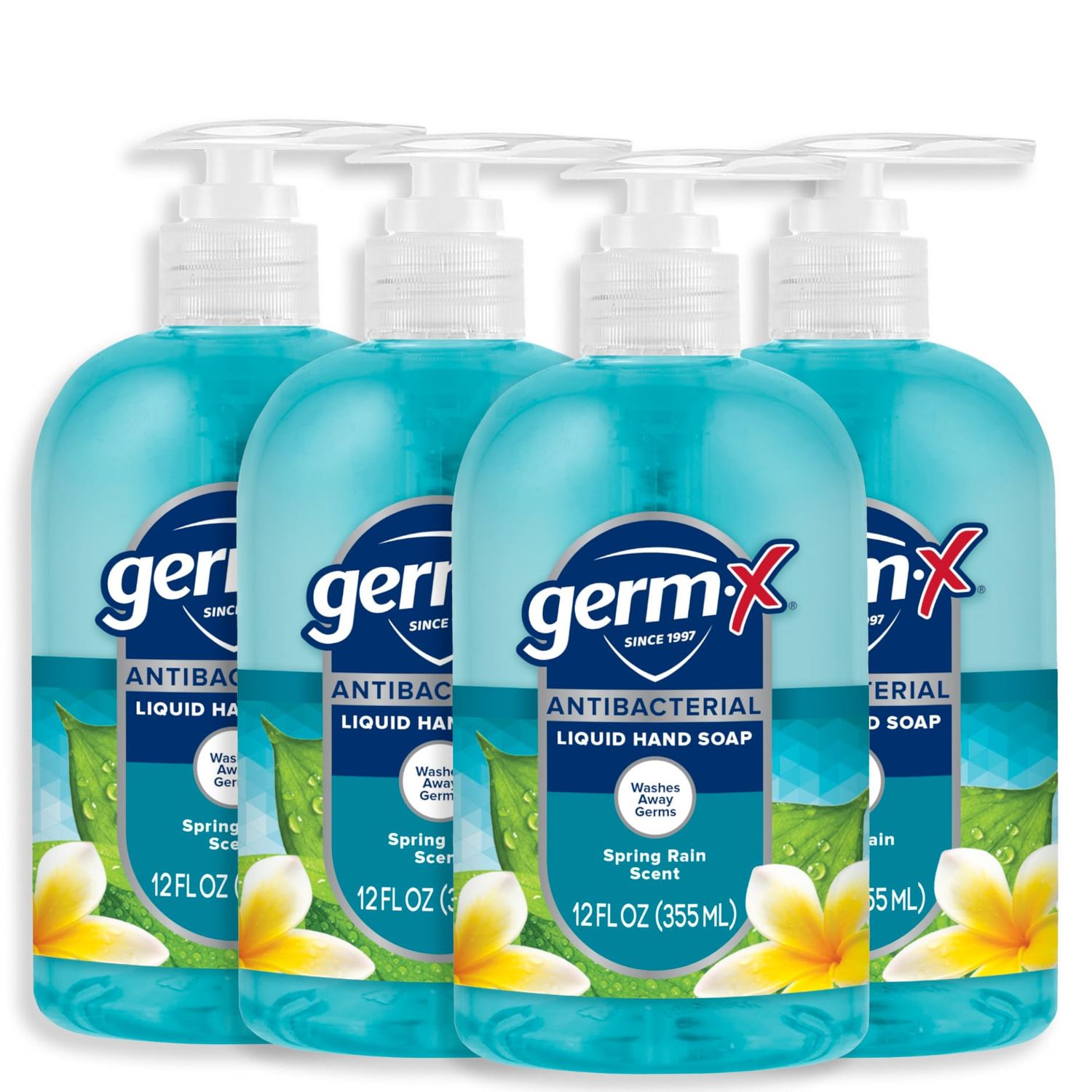 Germ-X Antibacterial Hand Soap, Moisturizing Liquid Hand Wash for Kitchen or Bathroom, pH Balanced &amp; Dermatologist Tested, Spring Rain, 12 oz Pump Bottle (Pack of 4)