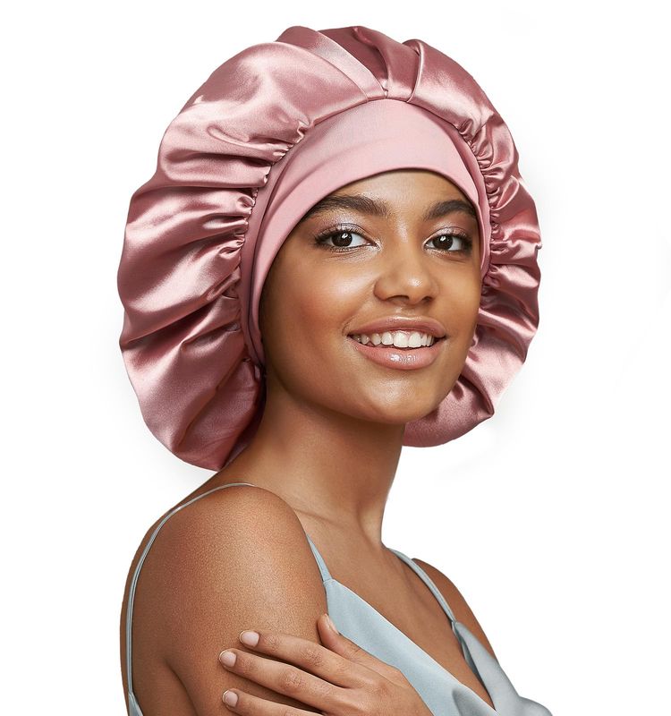 Umisleep 22 Momme 100% Real Mulberry Silk Bonnet for Sleeping Women, Large Hair Care Bonnet for Long Curly Hair, Double Layer Silk Hair Wrap with Soft Elastic Band, Non-Slip Sleep Cap, Pink