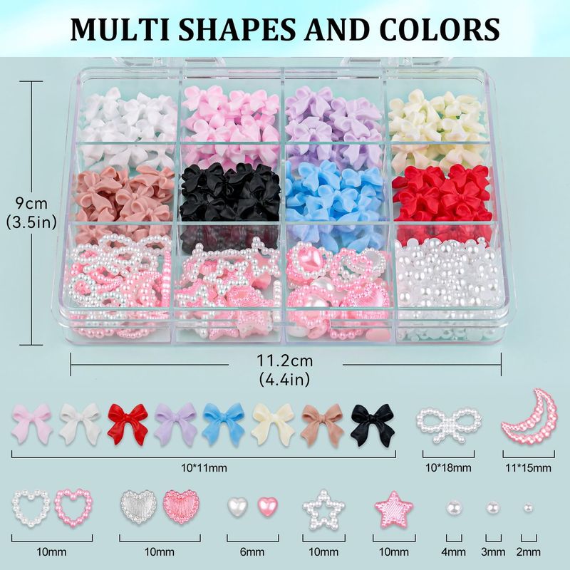 600 Pcs 3D Nail Charms and Flatback Pearls Set 1, 8 Colors Nail Bows Charm  Pink&amp;White Star Heart Moon Cute Nail Jewels  2-4mm White Nail Pearls for Nail Art DIY Decoration with Pickup Tools