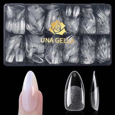 UNA GELLA Almond Gel Nail Tips 600 Pcs Pre-filed Almond Nail Tips Full Cover Nail Tips Press On Nails 12 Sizes Half Matte Clear Fake Soft Gel Nail Tips for Nail Extension Home DIY Salon with Box