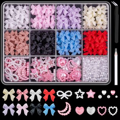 600 Pcs 3D Nail Charms and Flatback Pearls Set 1, 8 Colors Nail Bows Charm  Pink&amp;White Star Heart Moon Cute Nail Jewels  2-4mm White Nail Pearls for Nail Art DIY Decoration with Pickup Tools