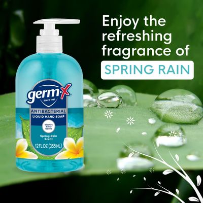 Germ-X Antibacterial Hand Soap, Moisturizing Liquid Hand Wash for Kitchen or Bathroom, pH Balanced &amp; Dermatologist Tested, Spring Rain, 12 oz Pump Bottle (Pack of 4)
