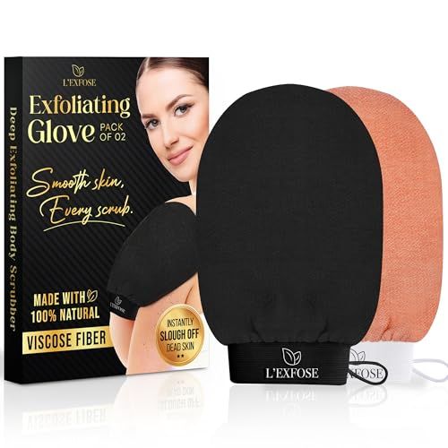 L'Exfose Kessa Hammam Deep Exfoliating Glove 2pc - Korean Exfoliating Mitt for Shower Ideal for Dead Skin Remover, Keratosis Pilaris &amp; Self-Tanning to Improve Skin Tone Made with 100% Natural Viscose