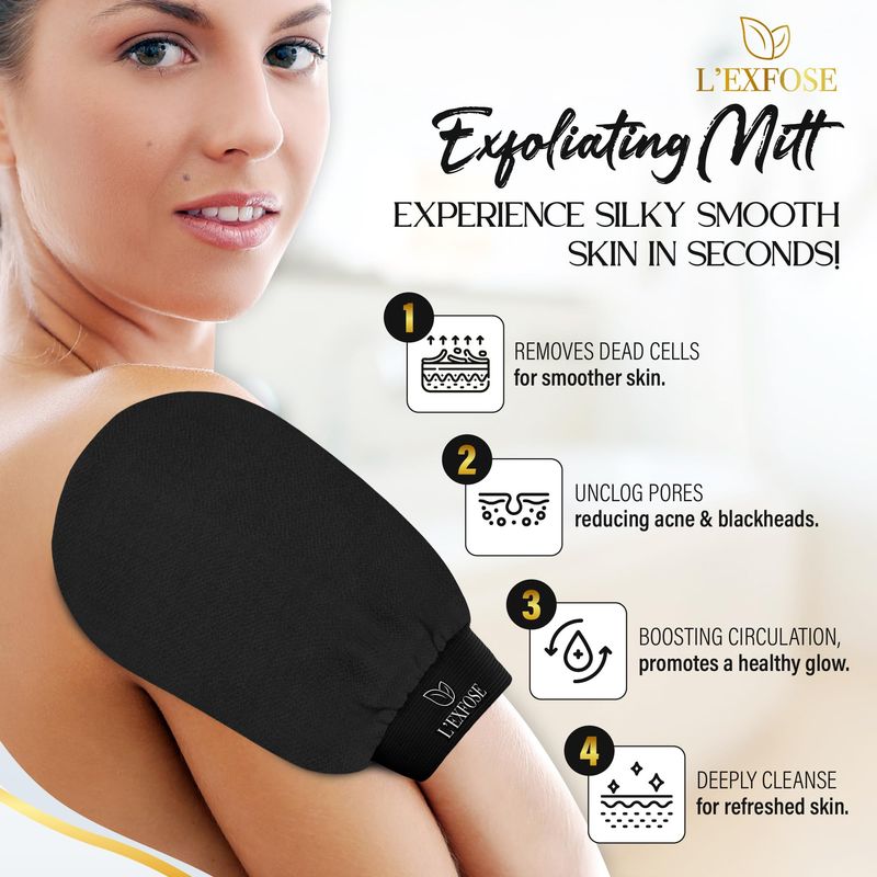 L'Exfose Kessa Hammam Deep Exfoliating Glove 2pc - Korean Exfoliating Mitt for Shower Ideal for Dead Skin Remover, Keratosis Pilaris &amp; Self-Tanning to Improve Skin Tone Made with 100% Natural Viscose