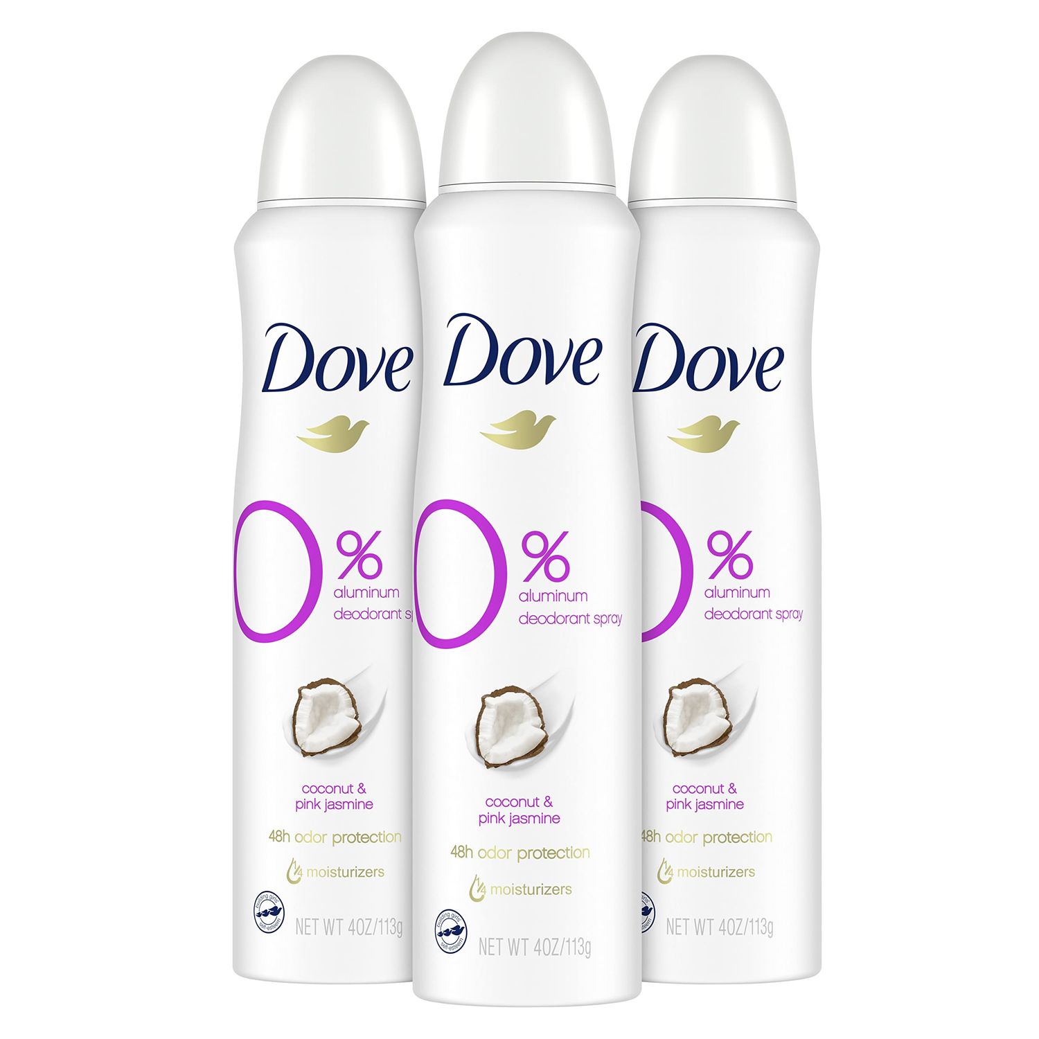 Dove 0 percent Deodorant Spray For 48 Hour Protection Coconut and Pink Jasmine Aluminum Free Deodorant 4 oz 3 Count, White, 4 Ounce (Pack of 3)