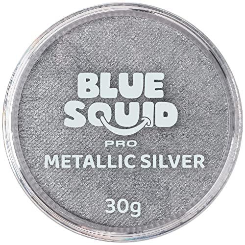 Blue Squid PRO Face Paint - Professional Water Based Single Cake Facepaint &amp; Body Paints - SFX Makeup, Kids Adults Face Painting for Costume, Halloween, Cosplay - Metallic Silver 30g  1oz