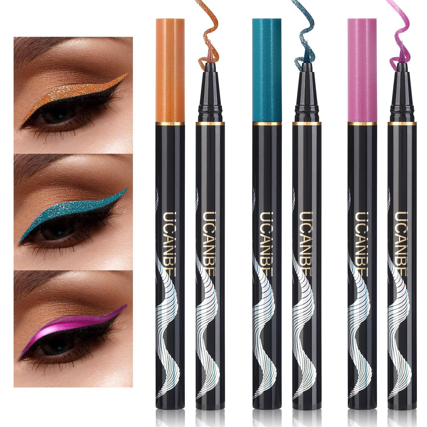 UCANBE 3 Color Metallic Waterproof Liquid Eyeliner Set - Chrome Green, Light Purple, Gold Orange for Eye Makeup, Pigmented All Day &amp; Smudgeproof Eye Liner Makeup Gift Kit for Women