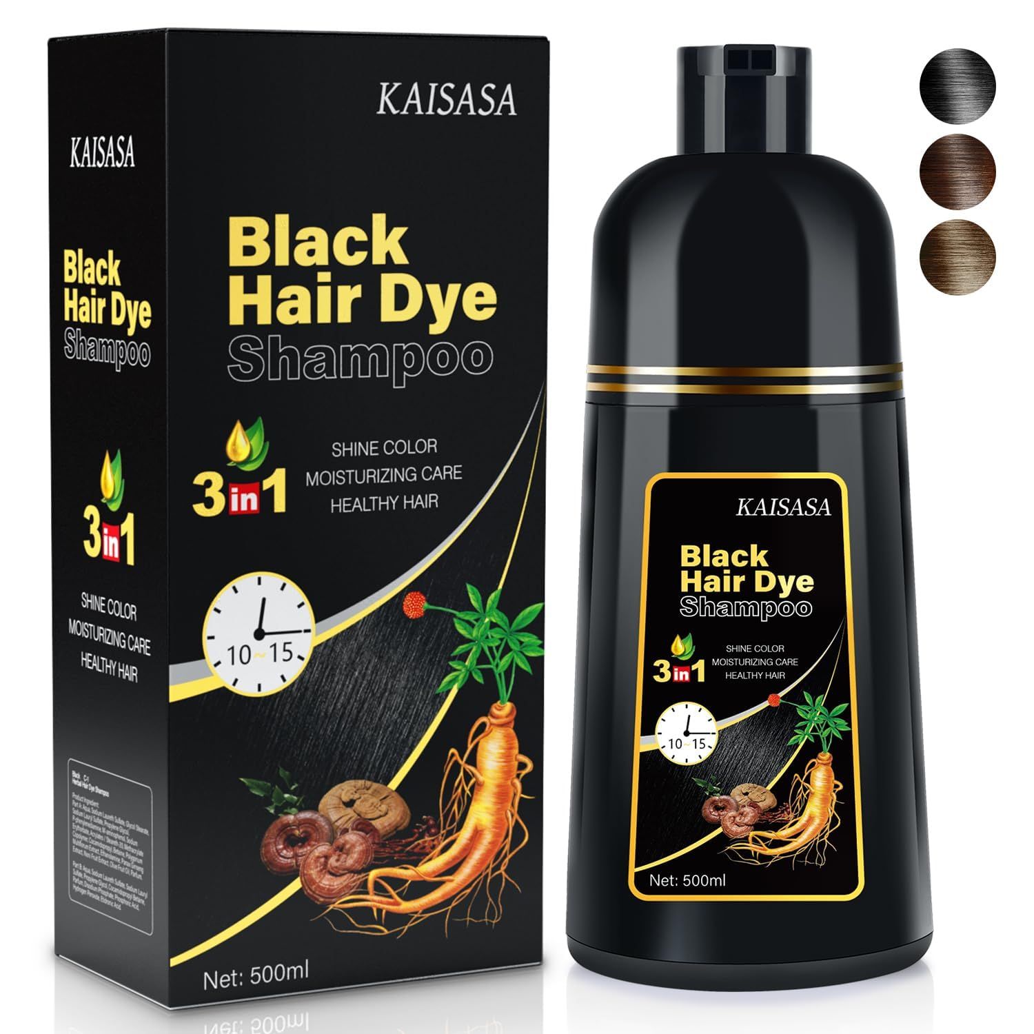 Natural Black Hair Dye Shampoo Instant &amp; Easy 3-in-1 Hair Color Solution for Men and Women - Herbal Formula, Ammonia-free, Lasts 30 Days - 16.90 oz