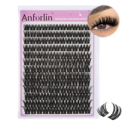 Fluffy Lash Clusters 8-16mm Thick Cluster Eyelash Extensions 143 PCS D Curl Volume Lash Clusters Wide Band Individual Lashes False Eyelashes DIY at Home Beginner Friendly, by Anforlin