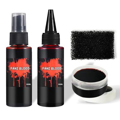 QIUFSSE Halloween Fake Blood Makeup Kit,Includes Fake Blood Spray,Dripping Blood,Coagulated Blood,Stippling Sponge,Washable Fake Blood for Clothes Face Mouth Vampire Zombie Cosplay Makeup Paint